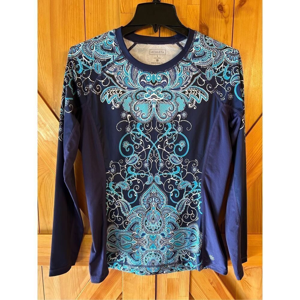 Athleta Long Sleeve Tee in Navy with Turquoise Paisley Print